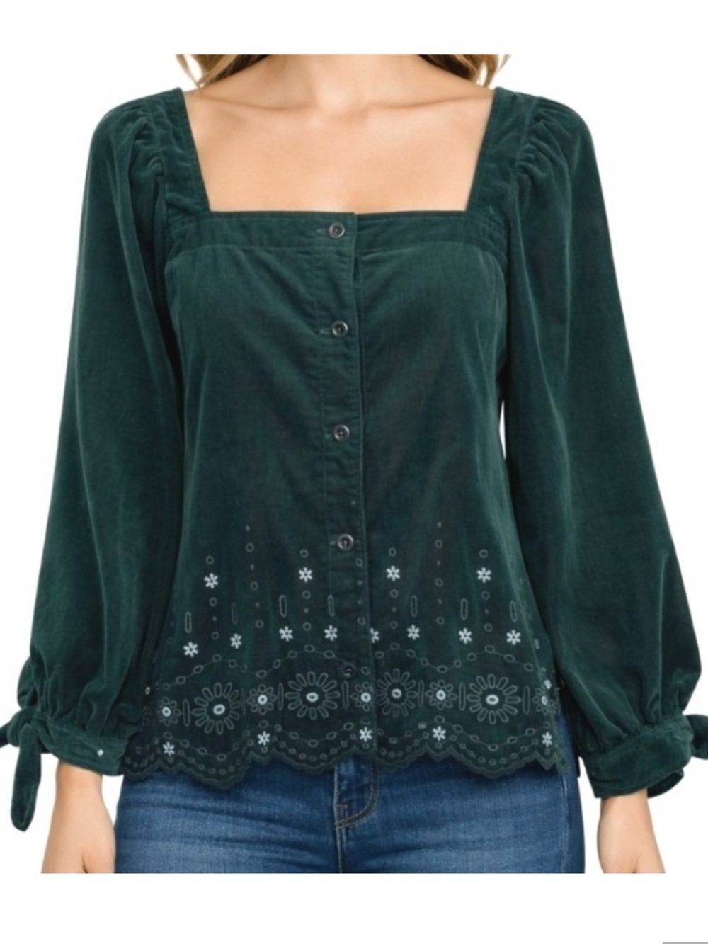 Madewell Embroidered Eyelet Forest Green Corduroy Tie-Sleeve Top sz XXS